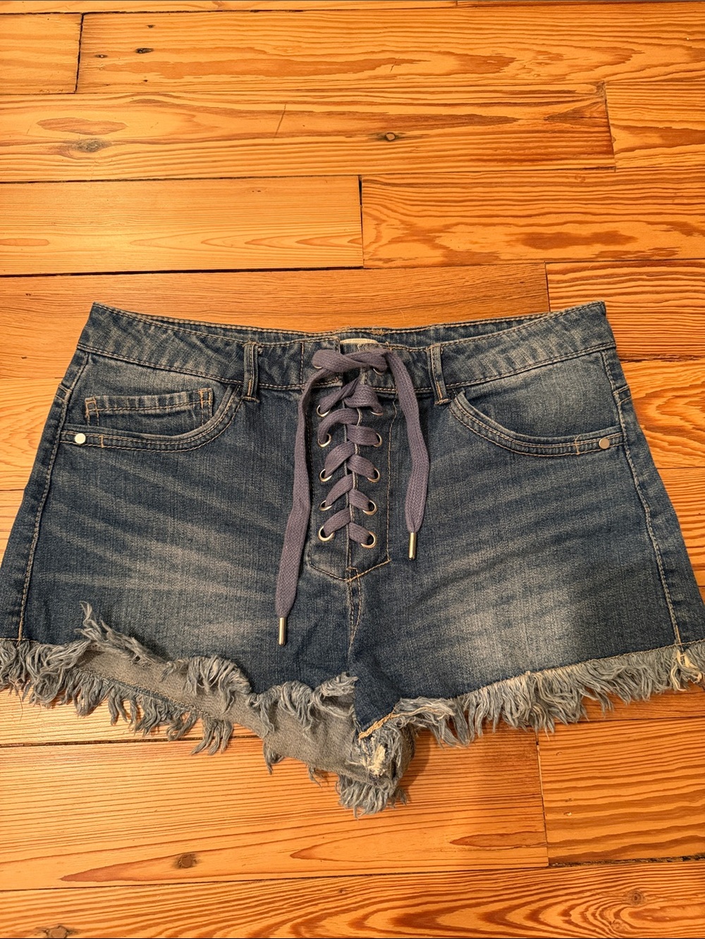 Gianni Bini Navy Lace-Up Frayed Denim Shorts